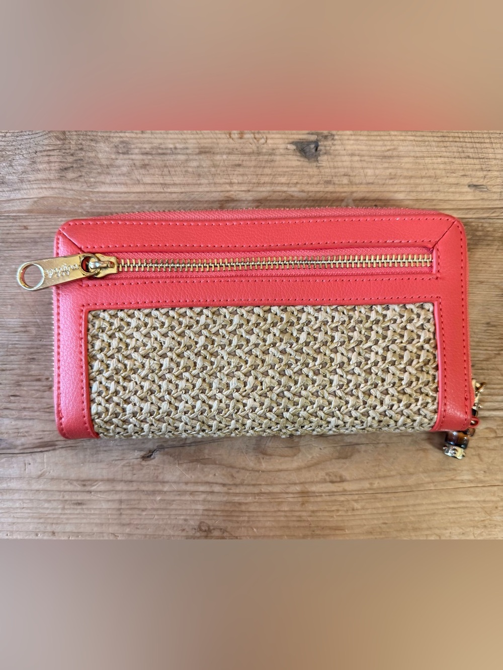 Spartina 449 Coral Woven Bamboo Handle Tote & Matching Wallet Set EUC - Picture 3 of 16